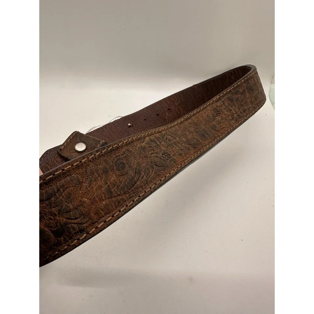 Kids Western Tooled Brown Leather Belt Bull‎ Rider Silver Gold Buckle Cowboy 29